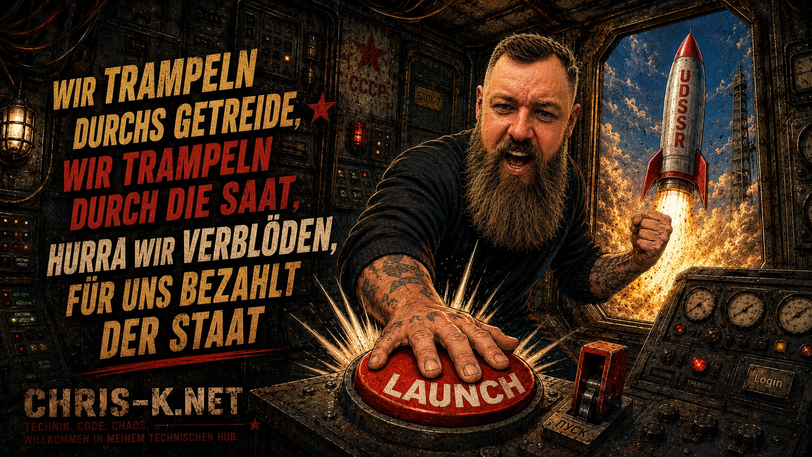 Illustration einer sowjetisch wirkenden Raketen-Kommandozentrale mit dem Spruch: Wir trampeln durchs Getreide, wir trampeln durch die Saat, hurra wir verblöden, für uns bezahlt der Staat.